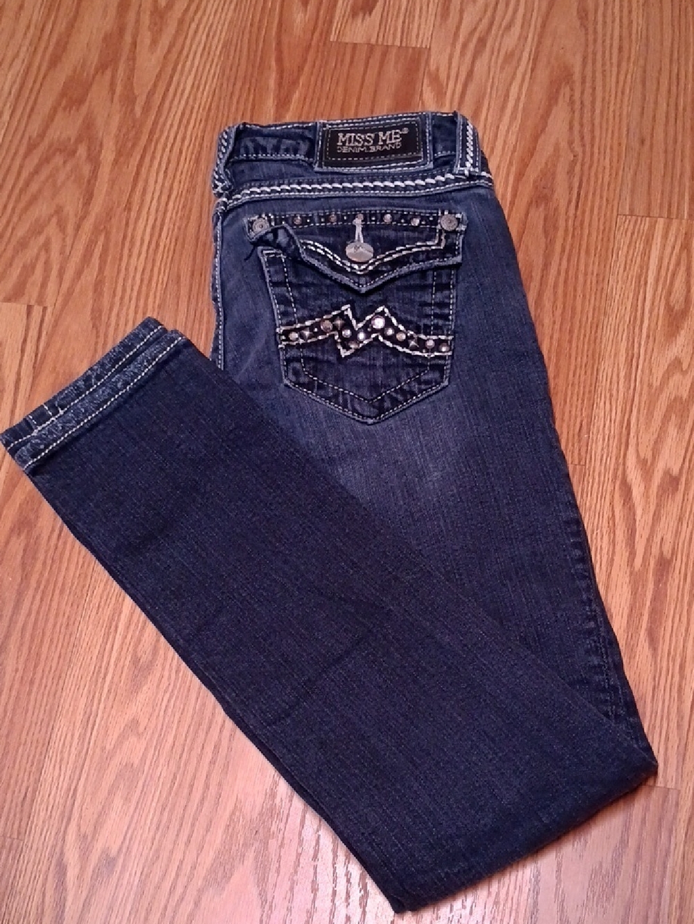 Miss Me Dark Rhinestone Pocket Skinny Jeans